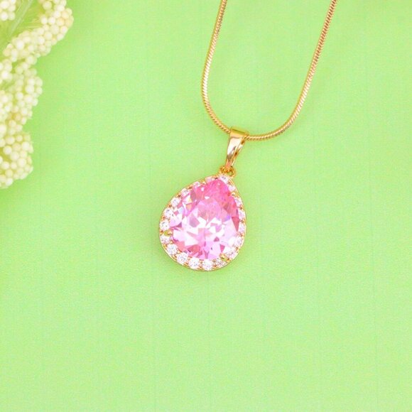 "Teardrop Pink Pendant with White Crystal Halo in Rose Gold Setting, XPPT1616 - Picture 12 of 13
